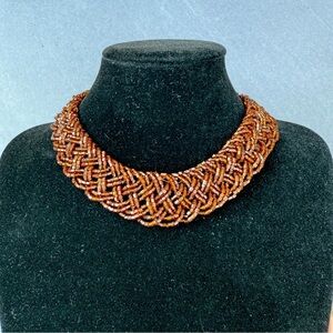 Vintage 1970s Braided Seed Bead Collar Necklace in Shimmery Amber Brown
